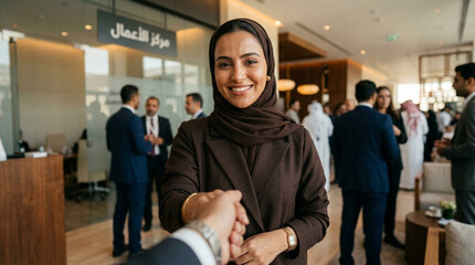 Naklejka na ściany i meble Successful Arab businesswoman working in modern office with city view