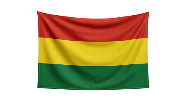 Bolivian flag made of soft fabric hangs gracefully against a plain white background for national celebrations.