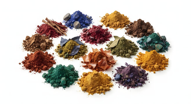 Assortment of natural organic color pigments and ground spices in piles.