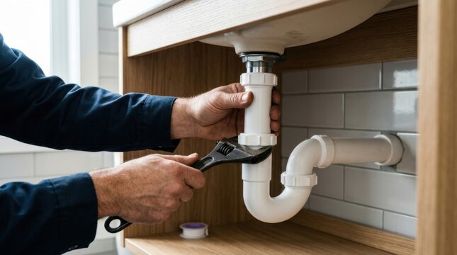 Plumber using adjustable wrench to tighten white pvc pipe under bathroom vanity sink with modern tile backsplash for repair work.
