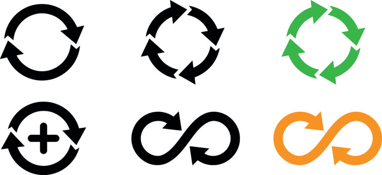 Circular arrows vector collection of cycle and infinity loop icons on transparent background.