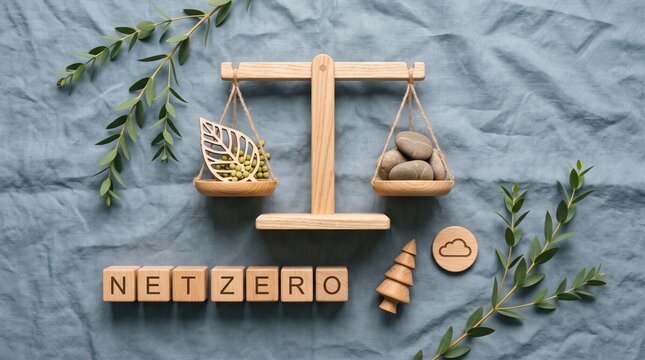 Net zero concept with wooden scale and eco friendly elements