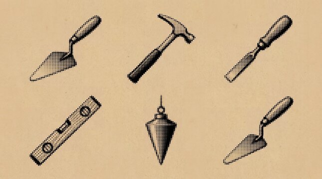 Dotted halftone artwork of construction equipment showing trowel hammer spirit level and plumb bob on vintage tan background.