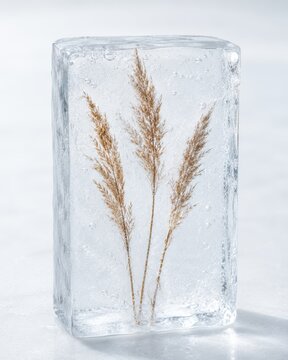 Clear ice block with three dried grass stems encased inside, showcasing intricate details of the natural elements and bubbles trapped within the ice