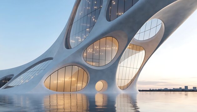 Modern Futuristic Architecture with Organic Curved Designs by Water.
