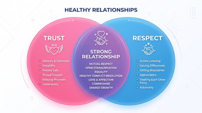 Healthy relationships Venn diagram infographic, trust and respect concept circles, strong relationship psychology chart