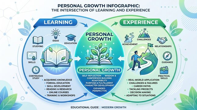 Personal growth infographic, intersection of learning and experience diagram, educational self-improvement chart with icons