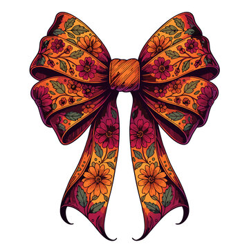 This image features a decorative bow in a flirty style, adorned with a vibrant floral and folk pattern