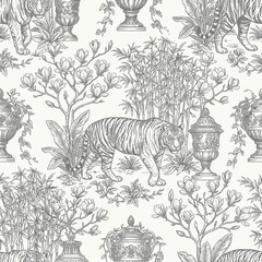 Fototapeta premium Vintage Hand Drawn Toile de Jouy Seamless Pattern with Tigers and Tropical Flora