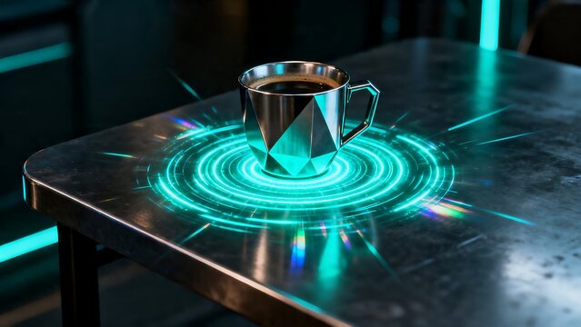 Futuristic geometric metallic coffee cup on a glowing green holographic interface table