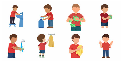 Fototapeta premium Set of Illustrations Showing a Little Boy Washing His Hands Step by Step for Proper Hygiene and Health Care