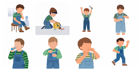 Fototapeta premium Vector set of a curious young boy in overalls in various poses exploring and eating from a small tube
