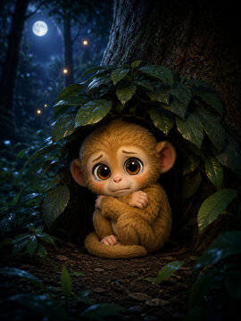 Sad scared monkey alone