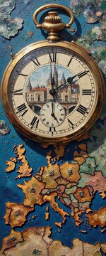 Vintage Pocket Watch with Roman Numerals and Hand-Painted Map Background