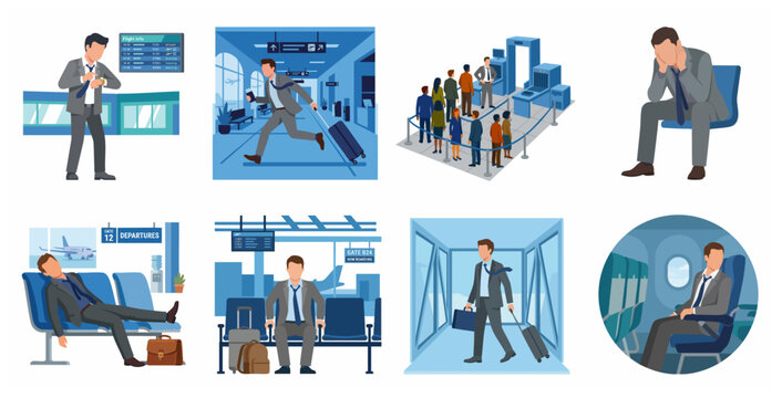 Businessman air travel vector illustration set including rushing for flight, airport security queue, waiting at gate, and sitting in airplane cabin.