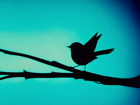 A minimalist branch with a single bird perched, wings slightly lifted, in sky blue silhouette.