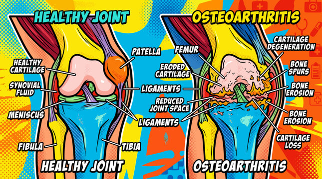 Medical diagram of osteoarthritis illustrating healthy joint and arthritis  