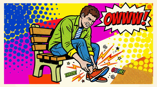 Man sitting on a bench holding painful ankle in pop art style  