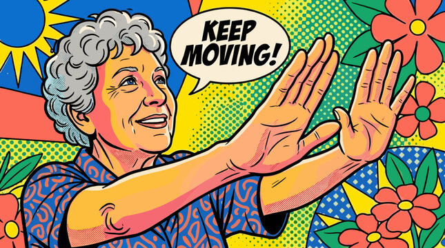 An elderly woman stretching her arms, which are affected by arthritis. World Arthritis Day
