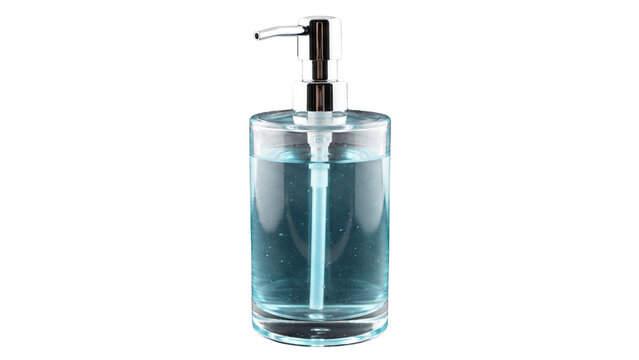 Circle glass soap dispenser with chrome pump and blue liquid soap, isolated on transparent background PNG