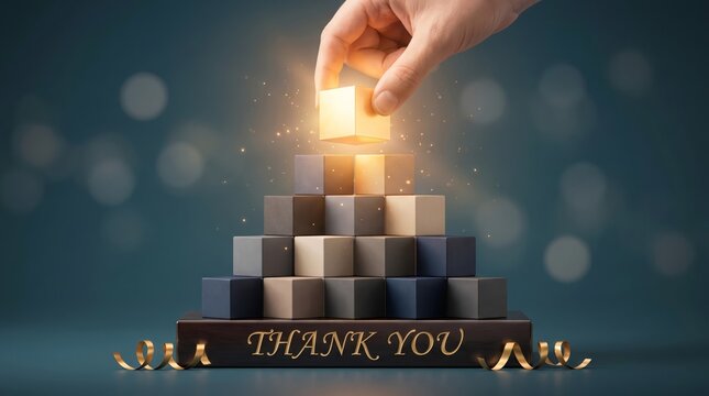Human hand places a glowing golden cube on a pyramid structure featuring dark wood base and elegant metallic ribbon decoration
