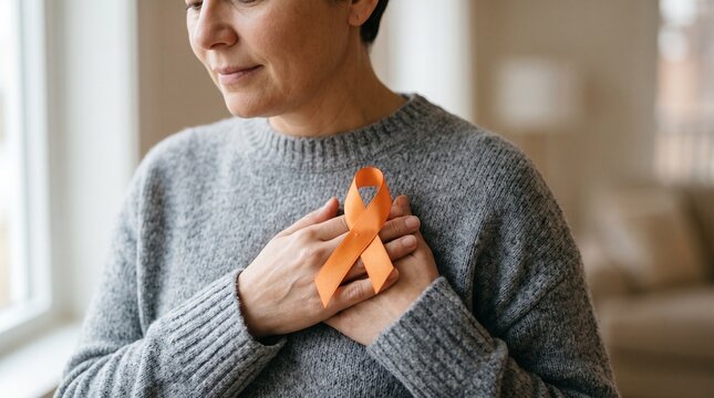 Orange awareness ribbon held by woman in grey sweater, kidney cancer and leukemia support, multiple sclerosis awareness concept