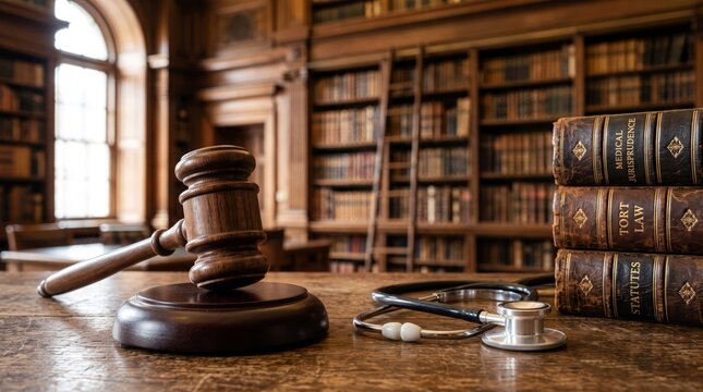 Polished wooden judge gavel resting beside a metal medical stethoscope and stacked antique leather law books on wooden desk