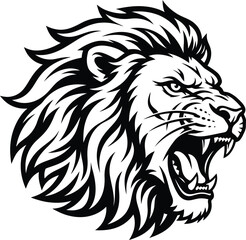 Naklejka premium Roaring lion head mascot, fierce black and white lion vector illustration, aggressive wild cat sports logo emblem