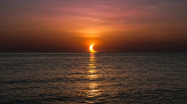 Beautiful pixel art sunset over the ocean water with orange and purple colors
