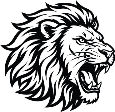 Roaring lion head mascot, fierce black and white lion vector illustration, aggressive wild cat sports logo emblem