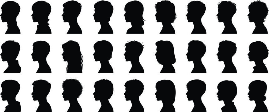 A large collection of black silhouettes showing diverse human head profiles in side view, including various hairstyles and genders, isolated on a white background