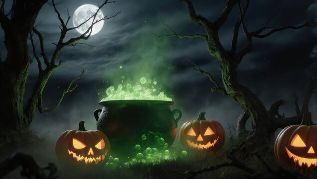 Spooky Halloween scene with pumpkins, cauldron, moon, and eerie forest
