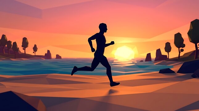 Silhouette of a man running on a beach at sunset in low poly style