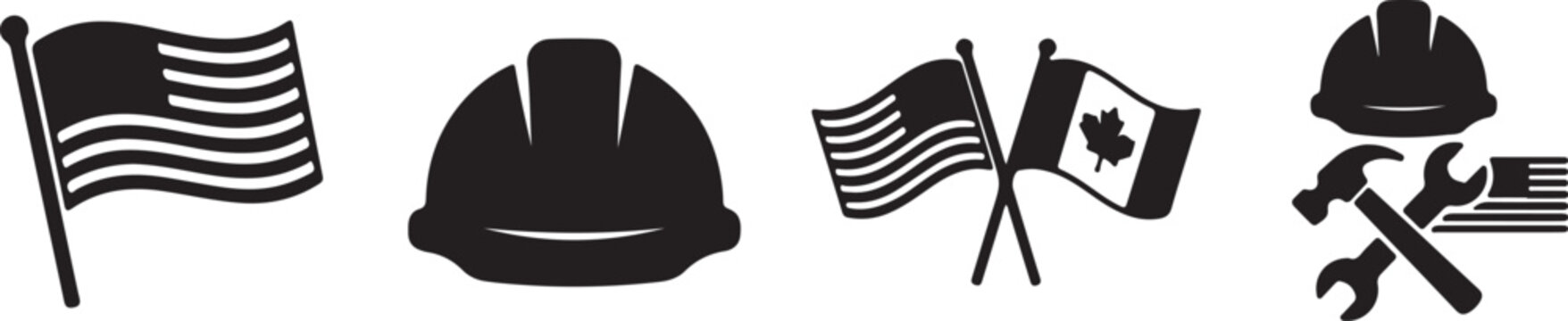 American Flag and Construction Hard Hat Vector Icon Set on White Background