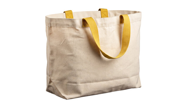 Beige canvas tote bag with yellow handles, reusable shopping bag isolated on Transparent background png