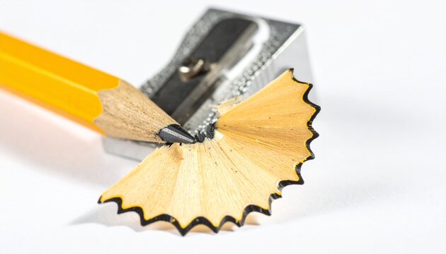 Yellow pencil and metal sharpener with spiral shaving on white background&mdash;symbolizing creativity, precision, and the renewal of craftsmanship.