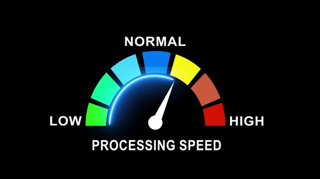 Dynamic processing speed gauge meter animation with neon glow indicator rising rapidly from low and normal levels to performance capacity on dark background, for technology and, data concepts