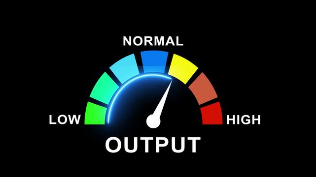 Dynamic output level meter gauge animation with glowing blue indicator light moving across color-coded sections from low and normal to performance on a clean isolated black background