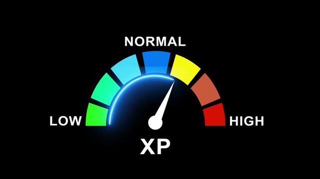 Vibrant experience points xp level up glowing gauge meter animation demonstrating dynamic progress increasing from low and normal to performance on black background, for games and ui