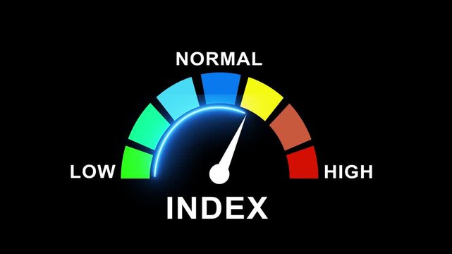 Dynamic digital index meter gauge animation with neon glow indicator moving from low to normal and levels on a pure black background, for financial data, and performance analysis