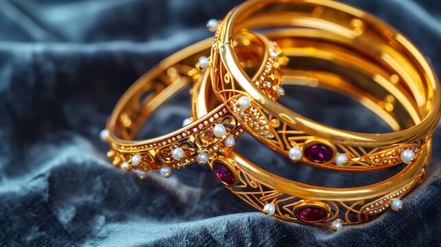 Luxurious gold bangles with red ruby gemstones and white pearls resting on a soft blue velvet fabric background for jewelry display