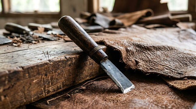 Professional leather skiving knife on a rustic workshop table