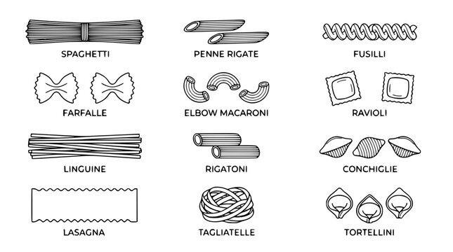 Italian Pasta Shapes Spaghetti Ravioli Penne and Noodles Line Art Collection
