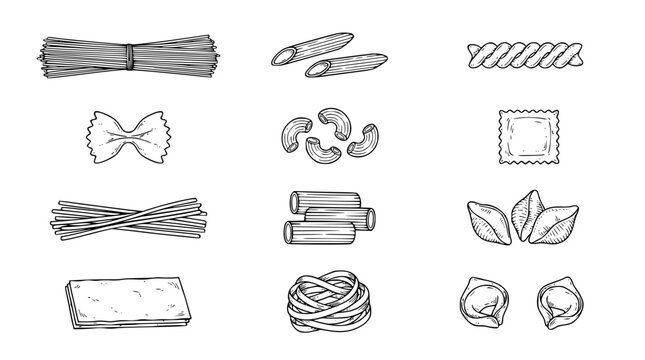 Italian Pasta Variety Hand Drawn Culinary Food Line Art Vector Collection