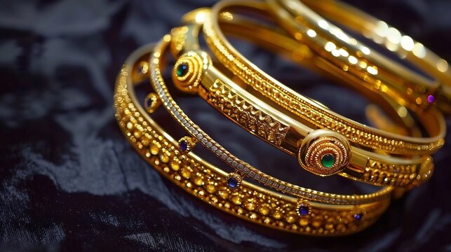 Collection of polished gold bangles with green and blue gemstones displayed on a dark fabric background for luxury jewelry presentation