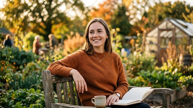 Happy young woman sitting on a wooden garden bench with a book