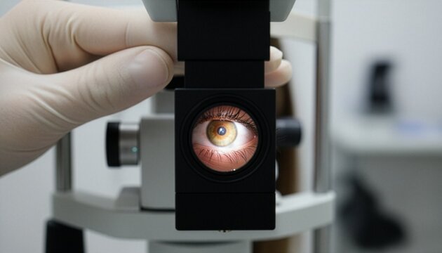 Close-up of an eye being examined with a professional slit lamp microscope in an ophthalmology clinic, showing details of the iris and pupil during a medical vision checkup.