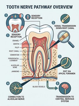 Anatomical infographic showing the tooth nerve pathway and structure