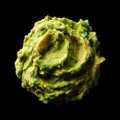 Fototapeta premium Creamy avocado paste Guacamole closeup isolated on black background with clipping path, concept freshness and natural food appeal