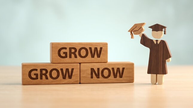Graduation celebration with wooden blocks and academic regalia